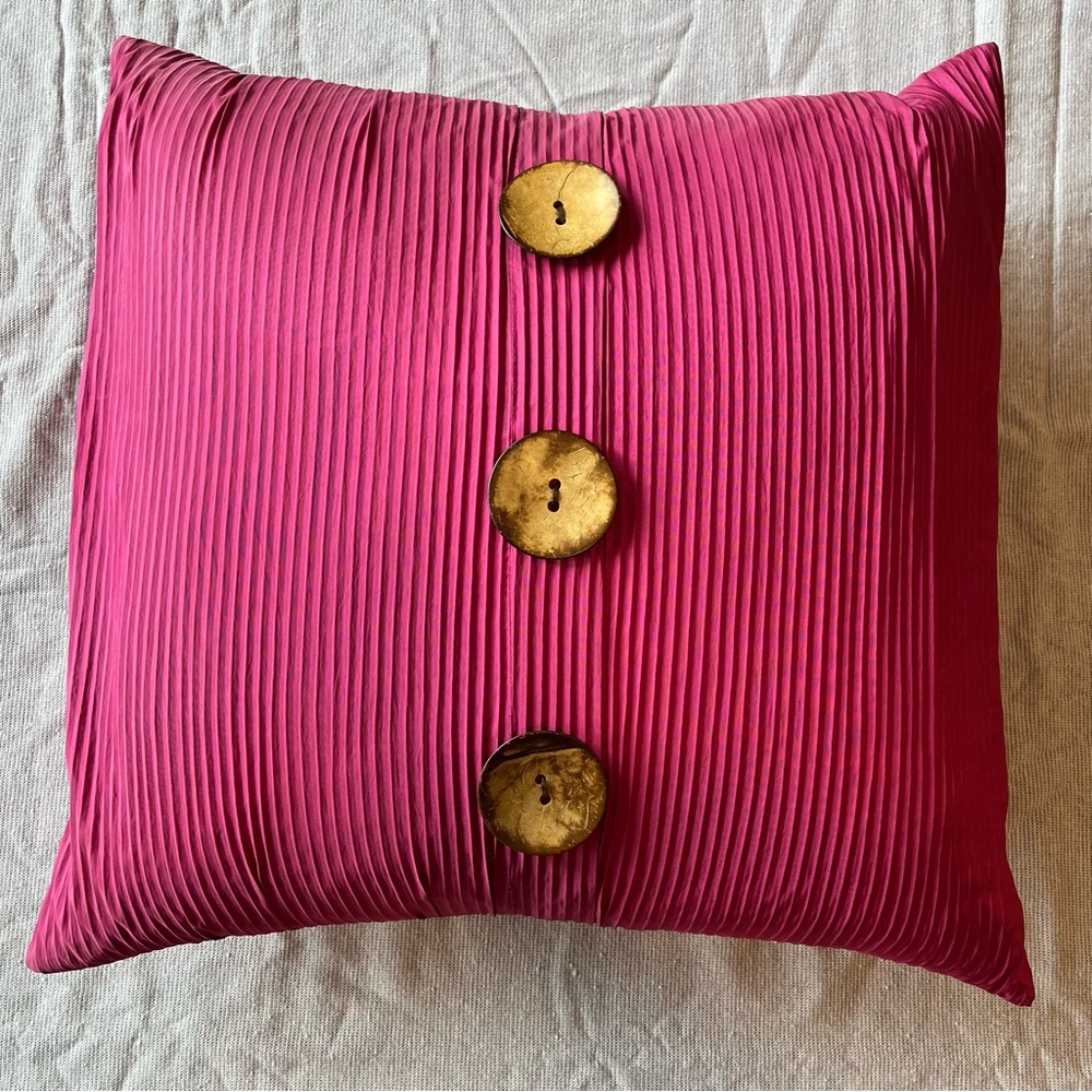 Pink Pleated Pillow with Wooden Buttons
